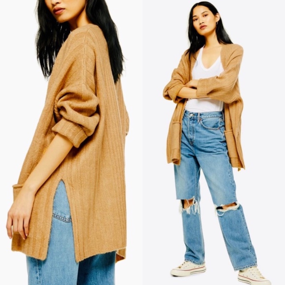 TopShop Long Cardigan Ribbed Knit Open Front Camel